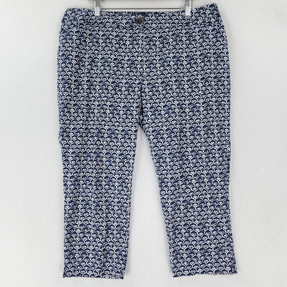 Talbots Pants Womens 16 Petite Blue White Printed The Perfect Crop High Rise